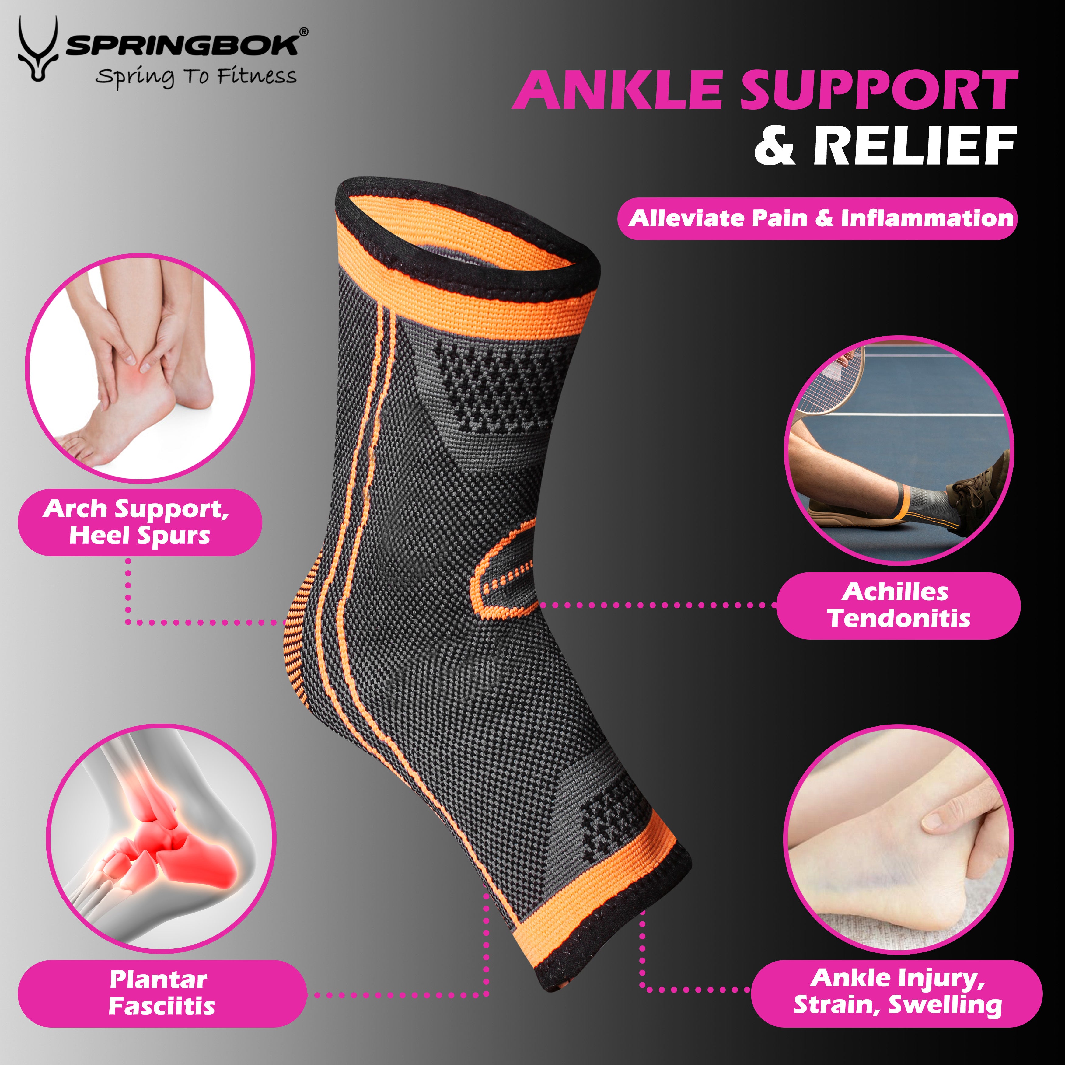 Springbok Ankle Brace Compression Sleeve, Men & Women (Pair), Ideal for Compression, Plantar Fasciitis, Arch Support, Foot & Ankle Swelling, Achilles Tendon, Joint Pain, Injury Recovery, Heel Spurs