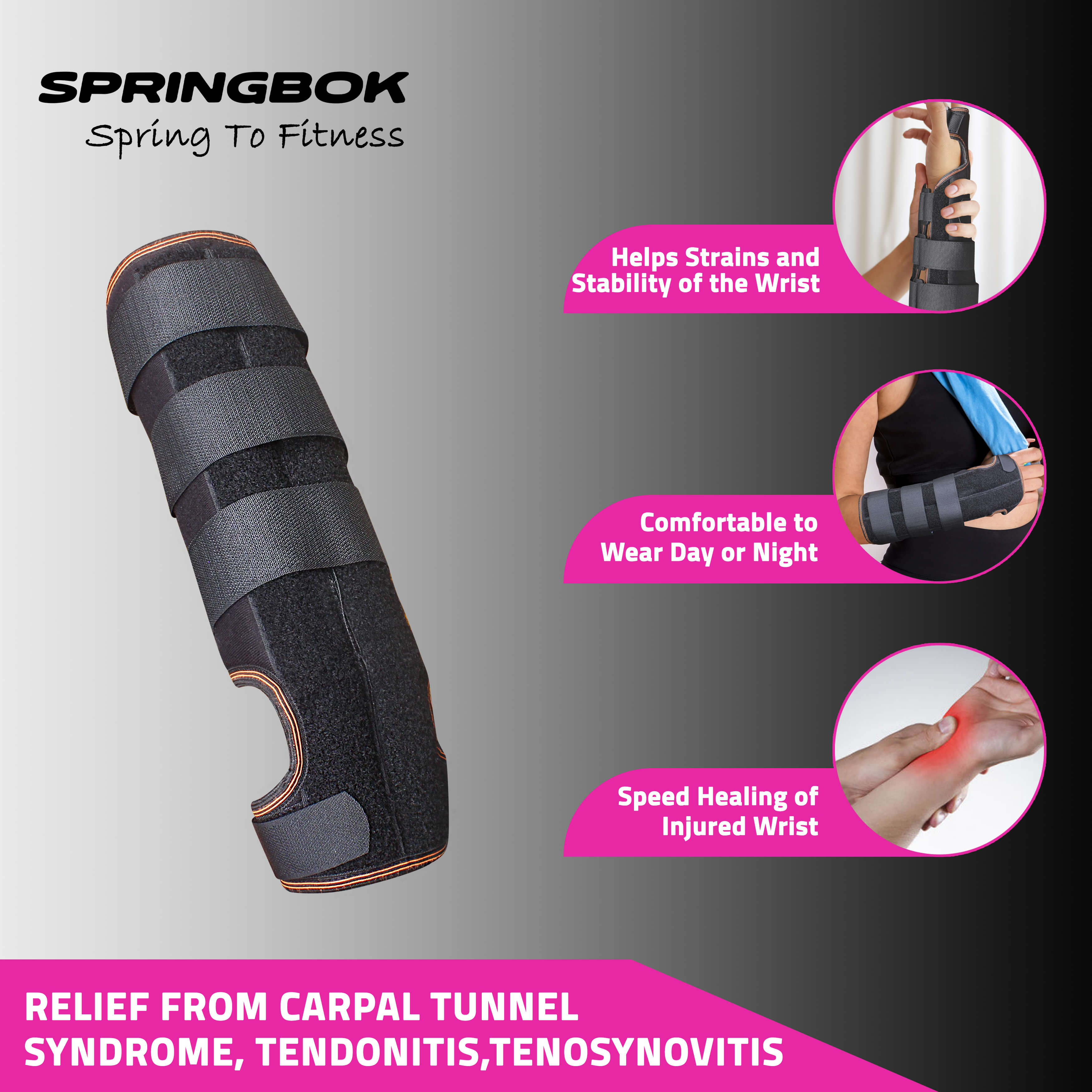 Springbok Forearm Wrist Brace with Carpal Tunnel support for Men and Women with 3 Straps and Metal Splint Stabilizer